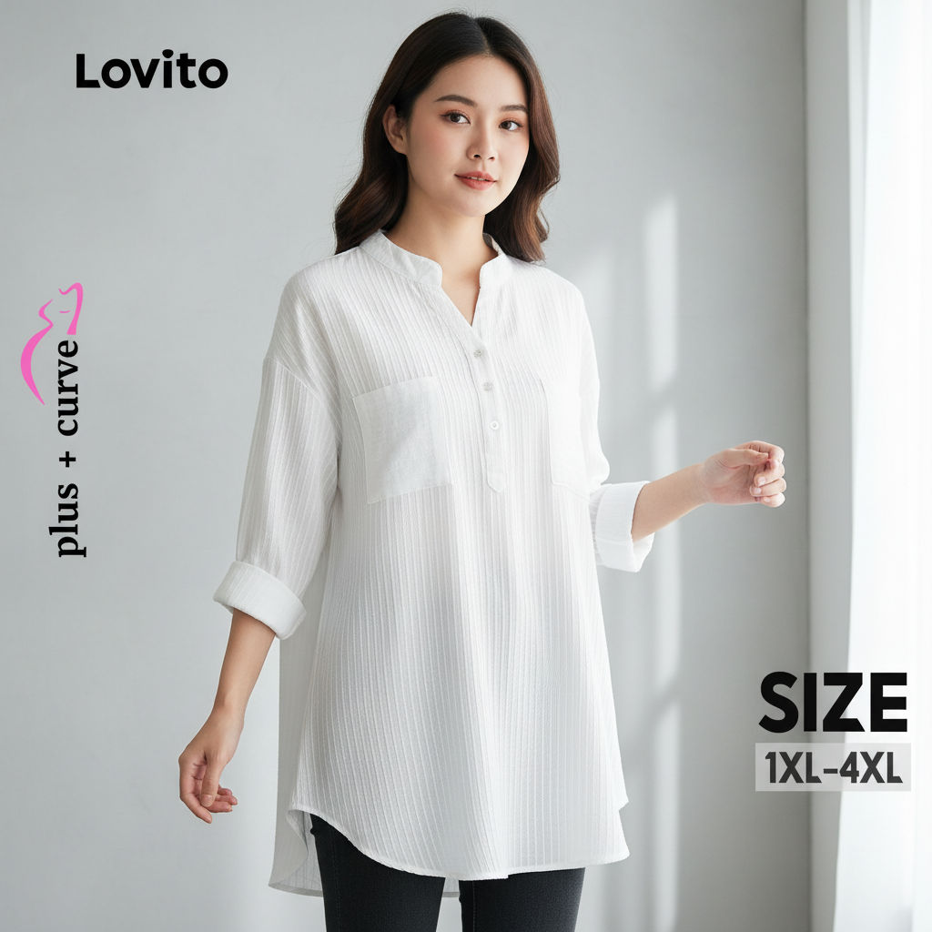Lovito Blusa Feminina Casual Plus Size Curva Jacquard Lisa com Botão LBL16672