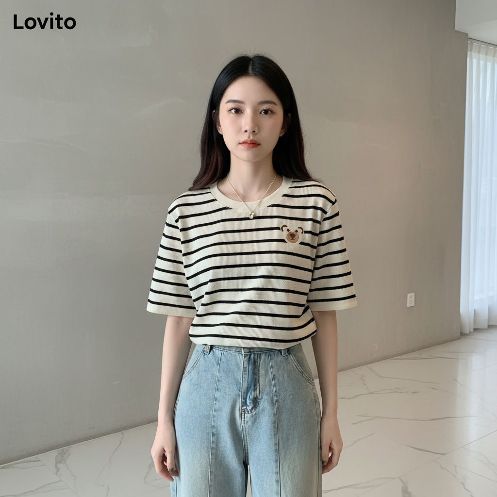 Lovito Camiseta Feminina Listrada Casual LNE38190 (damasco)
