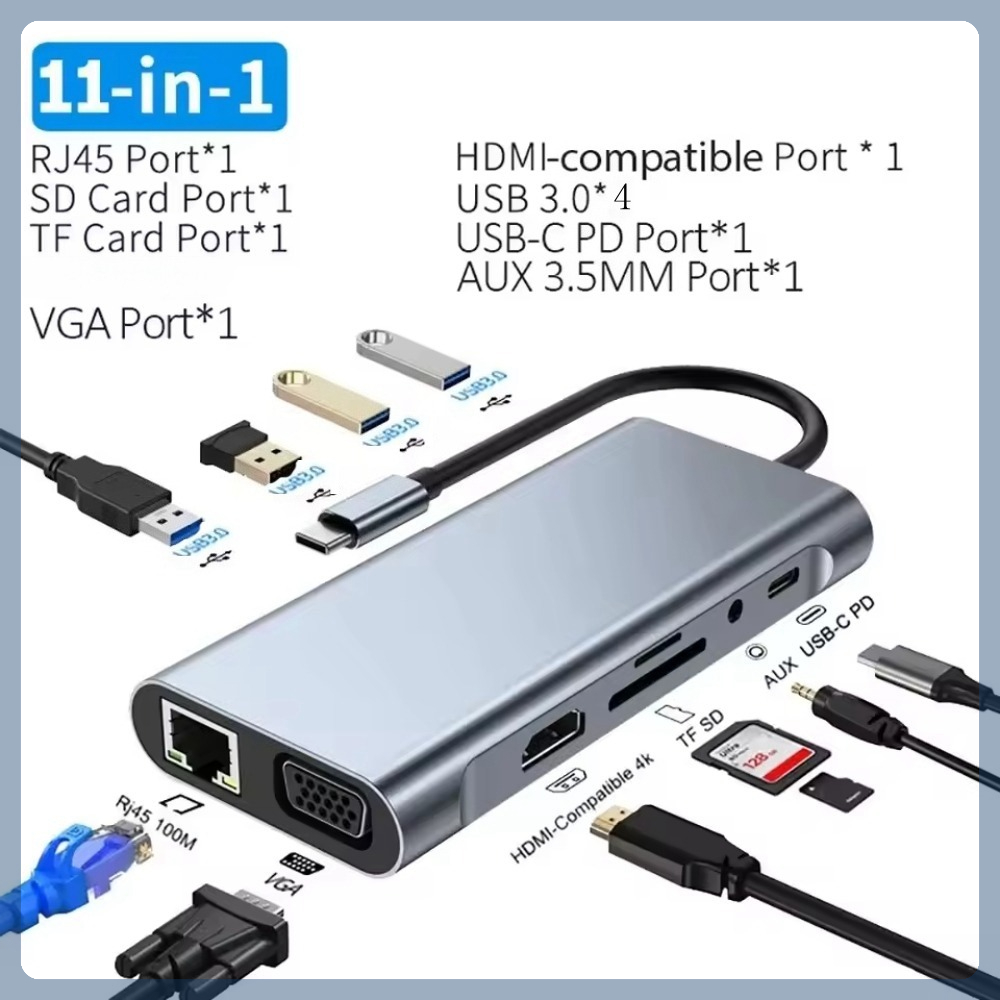 Hub USB Tipo C 11 em 1, adaptador Tipo-C para HDMI 4K compatível, VGA, RJ45 LAN Ethernet, SD/TF, PD, áudio/mic 3,5 mm