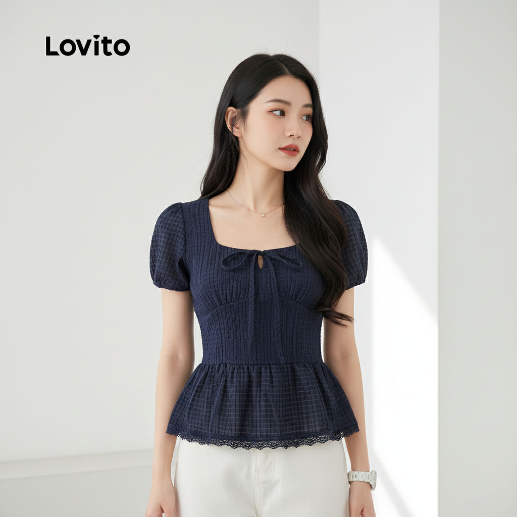 Lovito Blusa Azul Escura Casual de Renda com Amarração para Primavera/verão Confortável L139AD366 em Oferta na Shopee