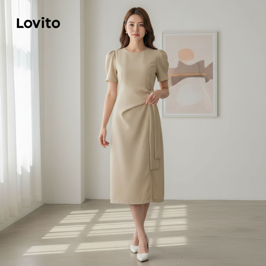 Lovito Vestido Feminino Liso com Pregas Elegante L104ED867