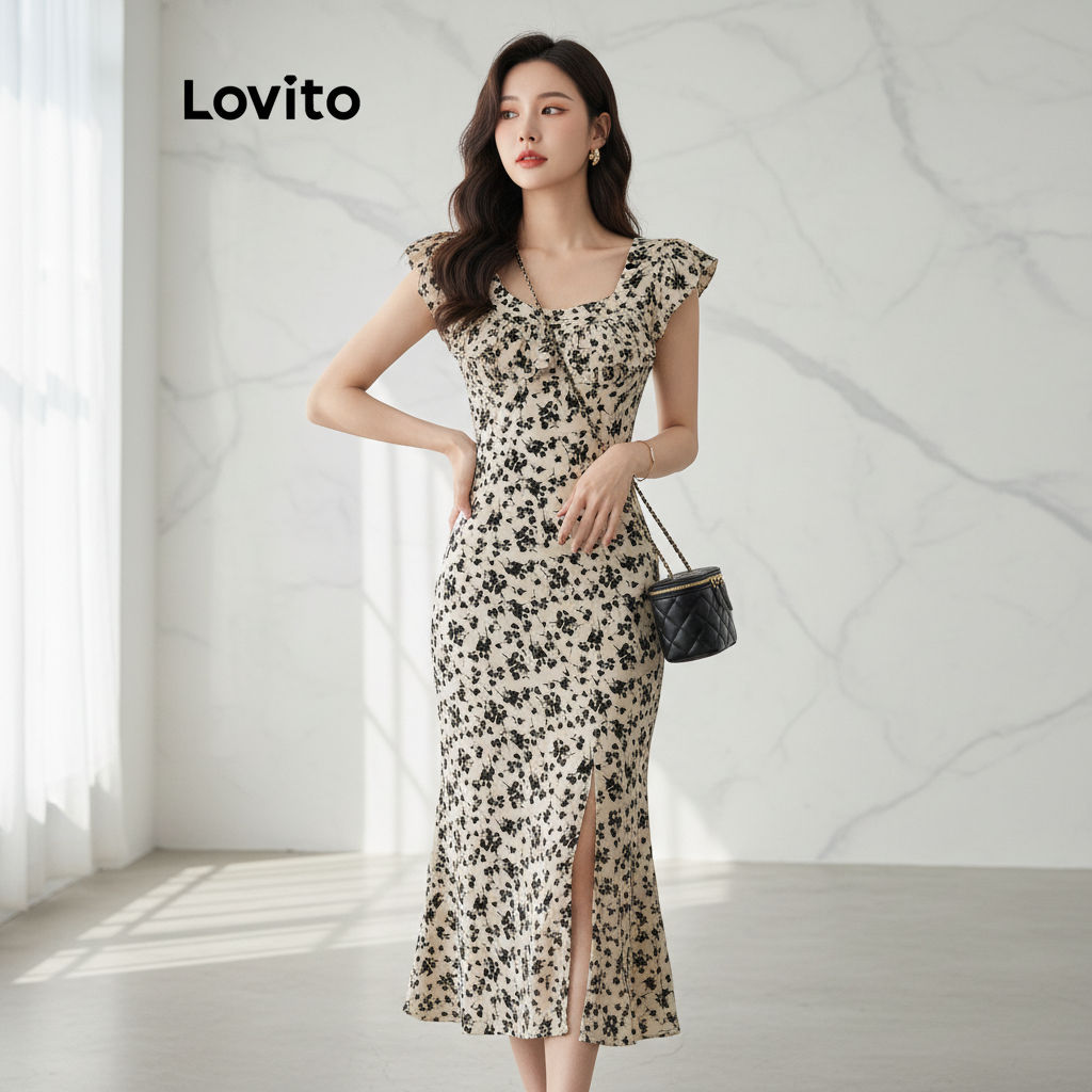 Lovito Refine Vestido Floral Delicado Babados Verão Primavera Feminino LNE43345 em Oferta na Shopee