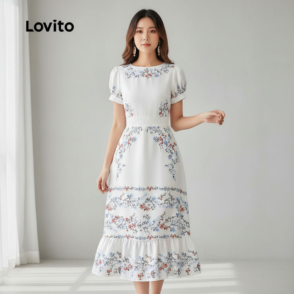 Lovito Refine Vestido Elegante Renda e Volante Borda Primavera/Verão Vermelho Festa Natal Feminino LBL29339 em Oferta na Shopee