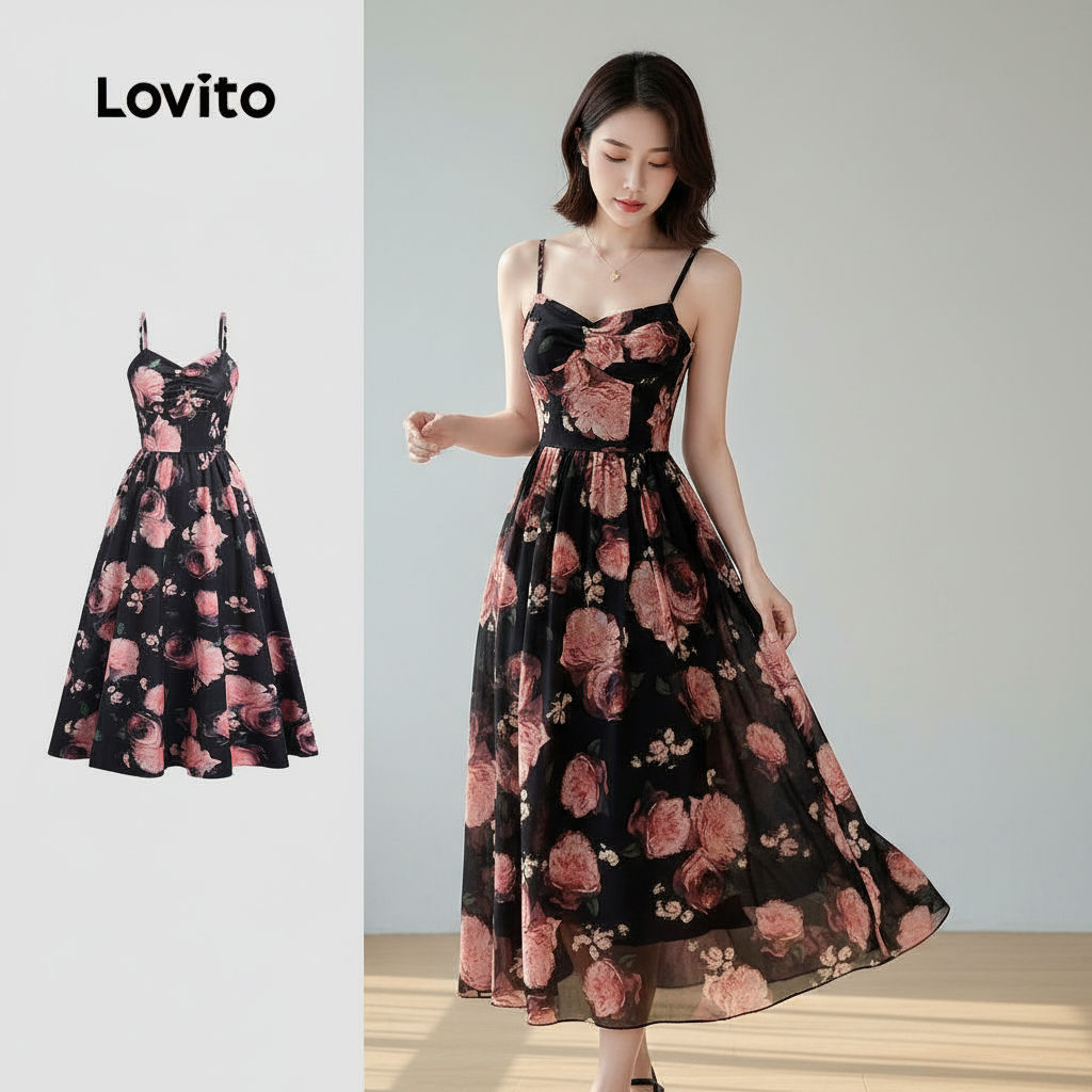 Lovito Vestido Feminino Refinado com Pregas para Primavera Verão LBL28074 em Oferta na Shopee