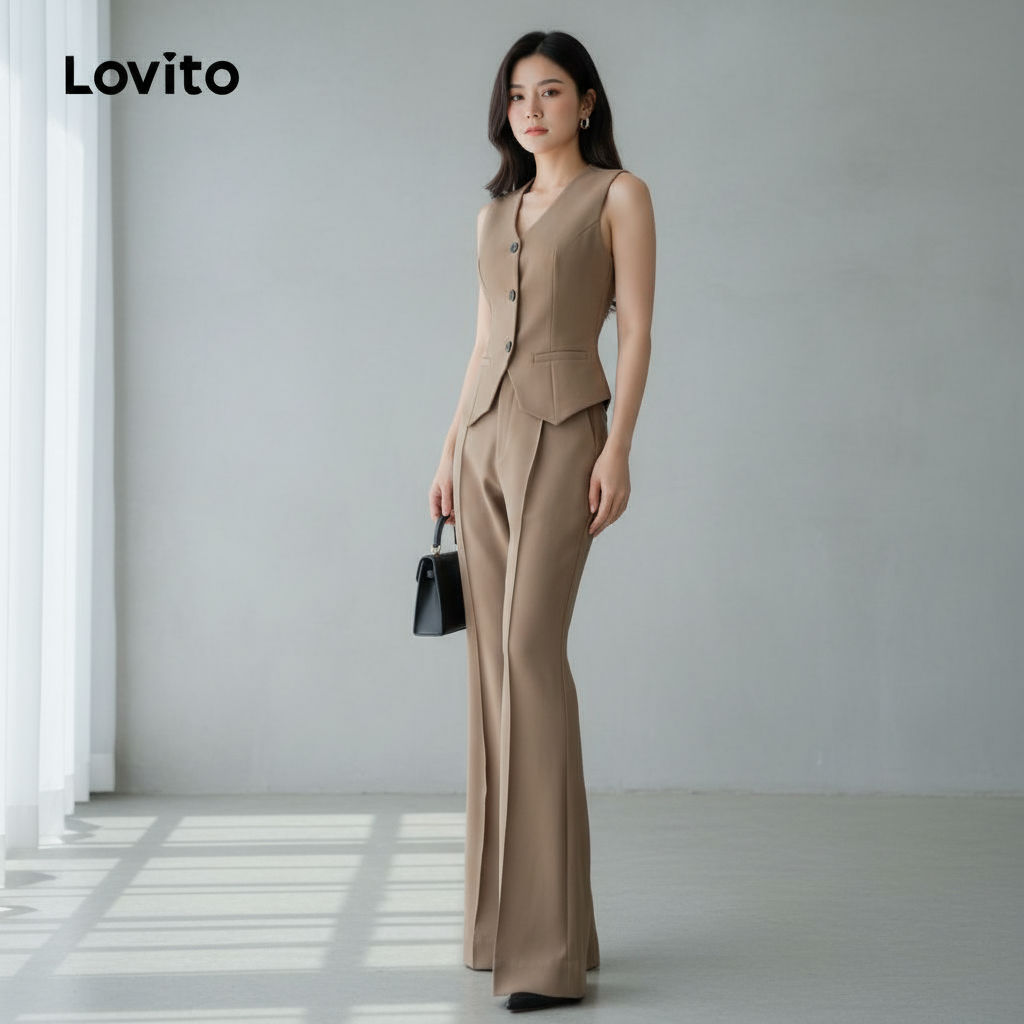 Lovito Conjuntos de Calças Sofisticadas para Mulheres Uso Diário Primavera/Verão Calças Cáqui L138ED053 em Oferta na Shopee