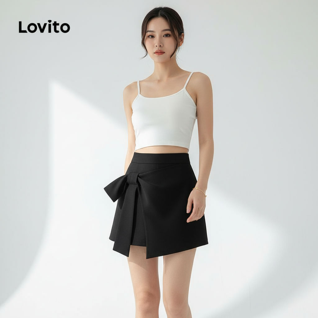 Lovito Shorts Femininos Elegantes Primavera Verão Com Laço Assimétrico Curto L118ED347 em Oferta na Shopee