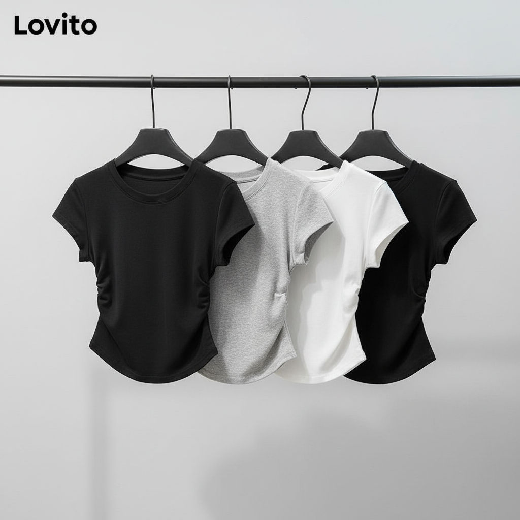 Lovito Refine Camiseta Feminina Lisa Franzida Para Verão Primavera Lne35228 Multicolor