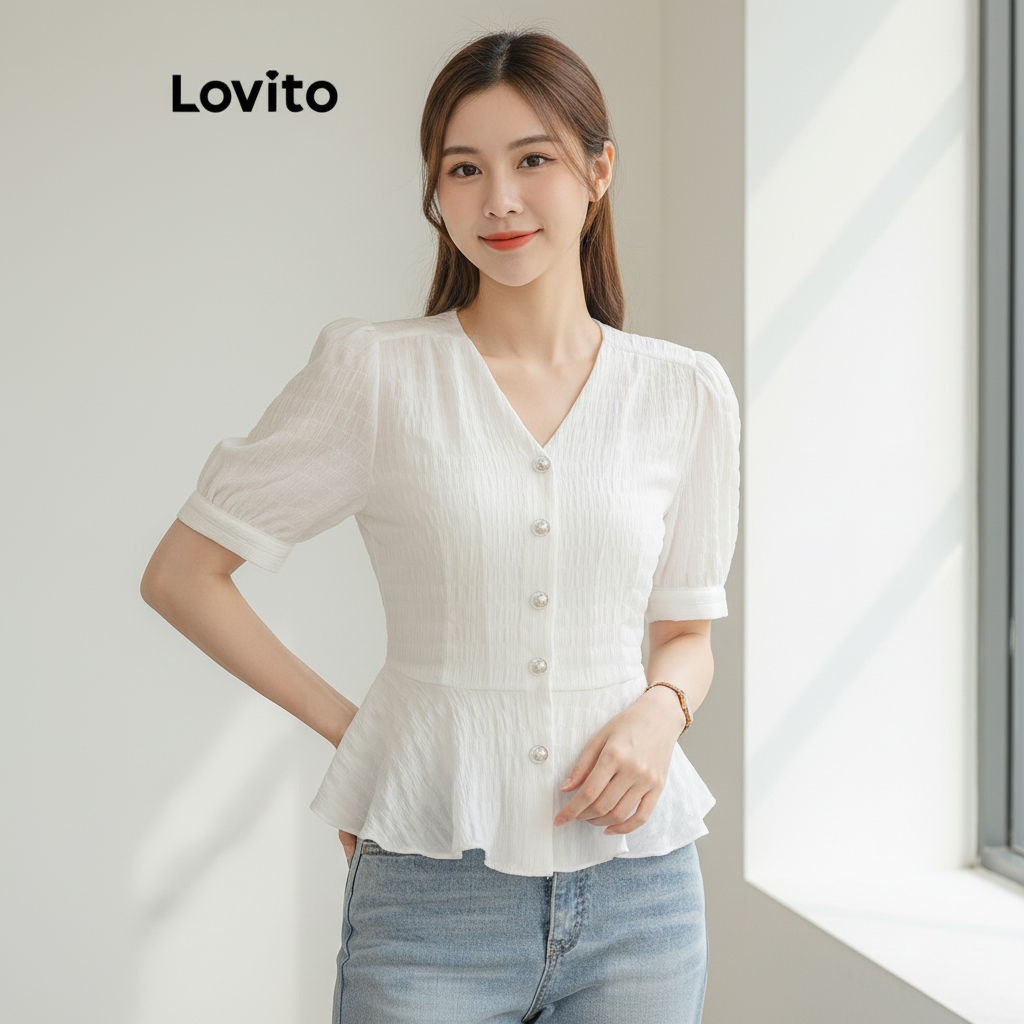 Lovito Blusa Feminina Casual Com Babados Lisos E Manga Bufante Para Verão/Primavera L114AD380 em Oferta na Shopee