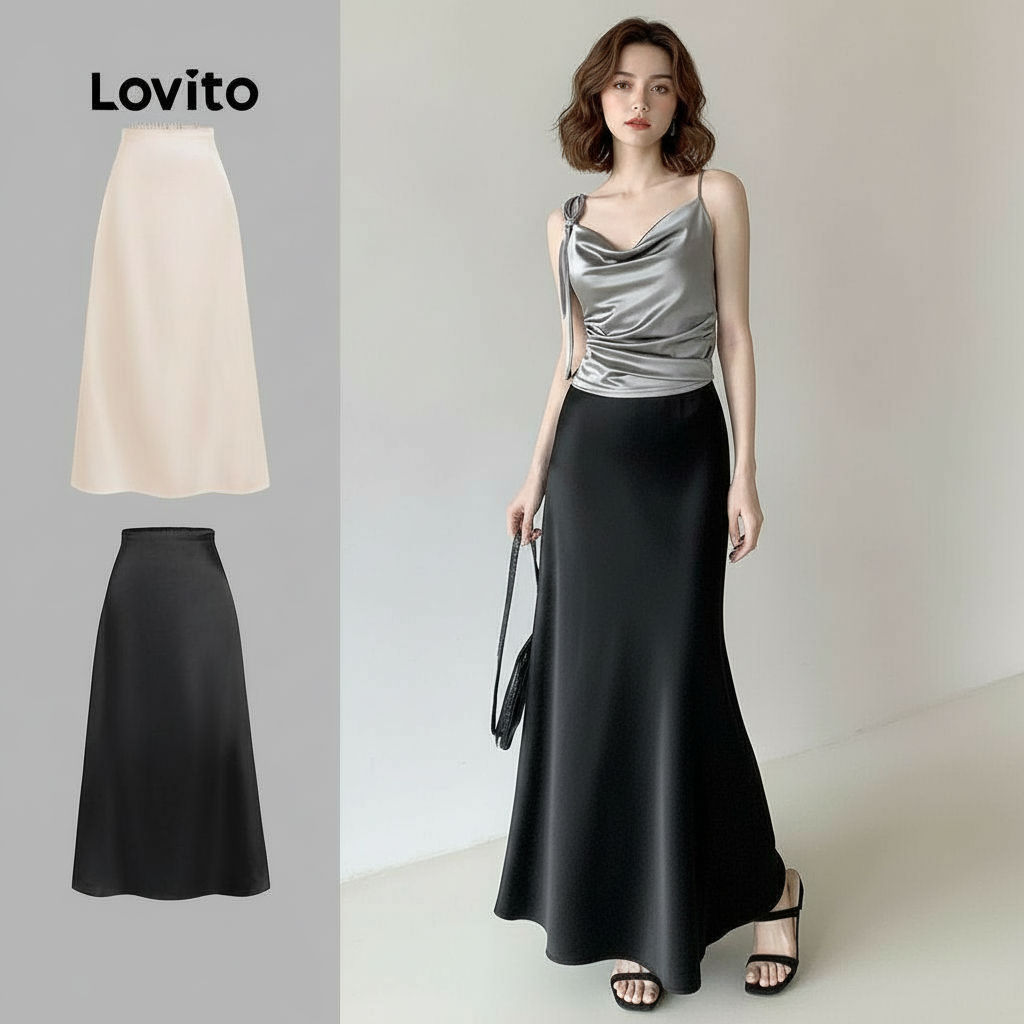 Lovito Saias elegantes básicas com fecho frontal para mulheres L104ED197 em Oferta na Shopee