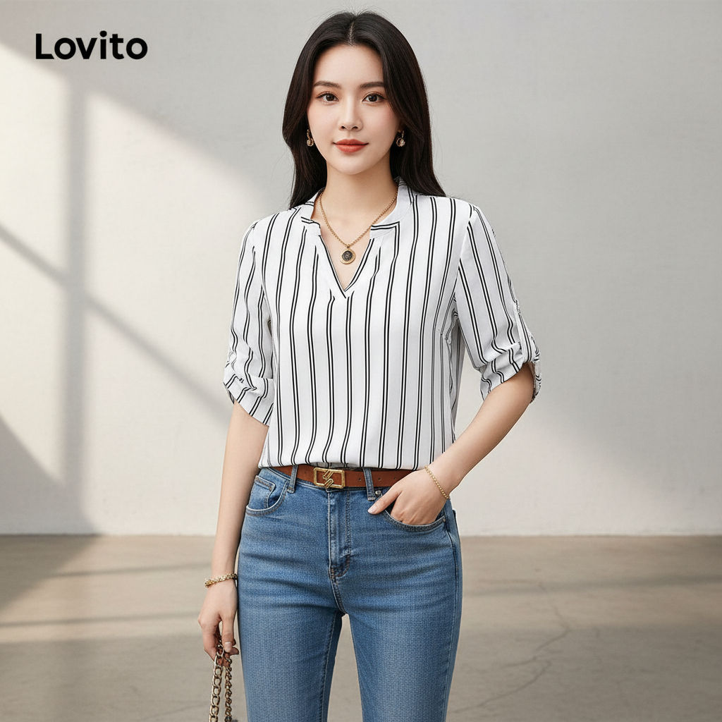 Lovito Blusa Casual Feminina Listrada Básica Primavera Verão LBL09255 em Oferta na Shopee