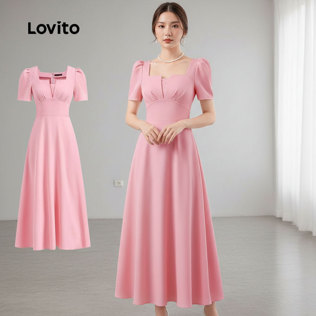 Lovito Vestido Feminino Casual Plissado Liso Drapeado Para Verão Primavera L132AD1039 em Oferta na Shopee