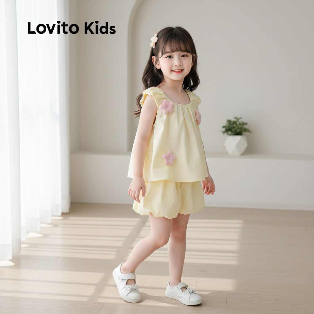 Lovito Conjuntos de Shorts Floridos para Crianças Textura Suave Primavera Verão Amarelo LNL111166