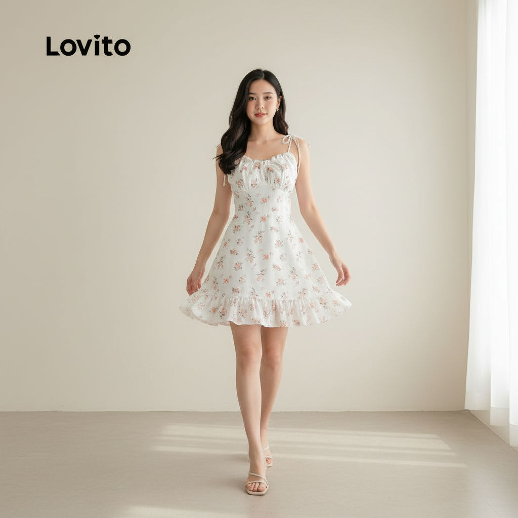 Lovito Vestido Feminino Casual Babados Renda Floral Bainha Plissada Verão/Primavera L120LD1273 em Oferta na Shopee