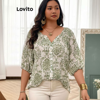 Lovito Blusa Casual Feminina Plus Size Estampada Tribal Botão Frontal Verão Primavera LBL21091 em Oferta na Shopee