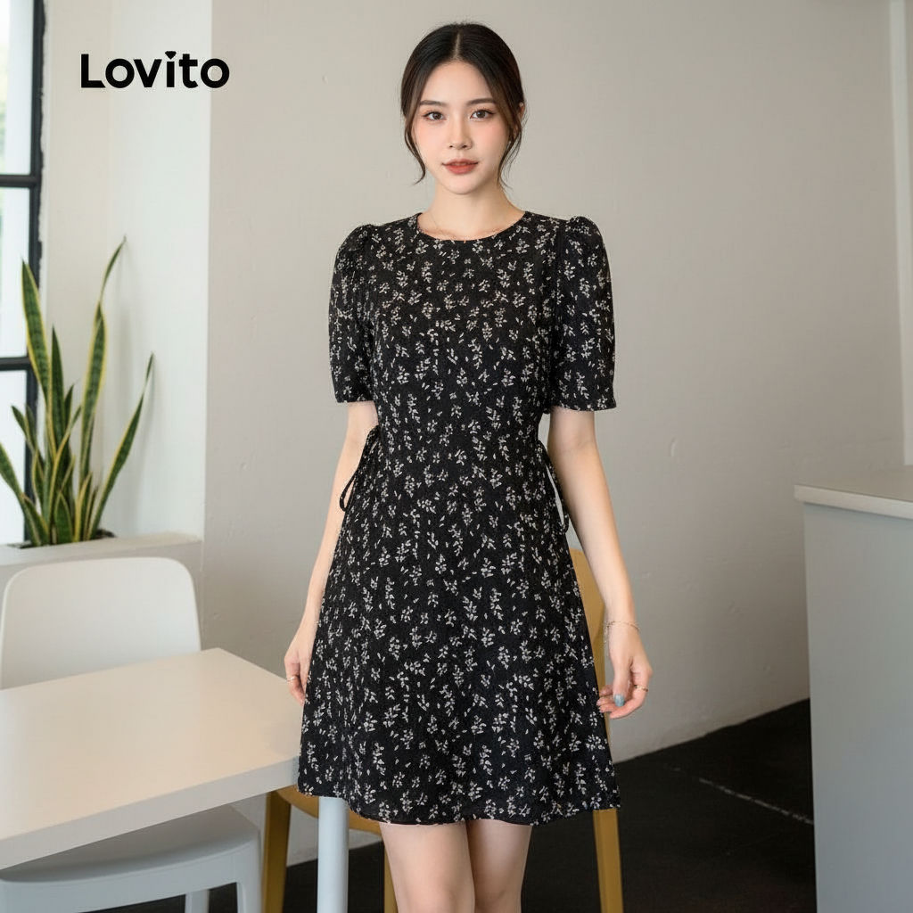 Lovito Vestido Feminino Floral Delicado Recorte Com Amarração Frontal e Cordão L102AD303