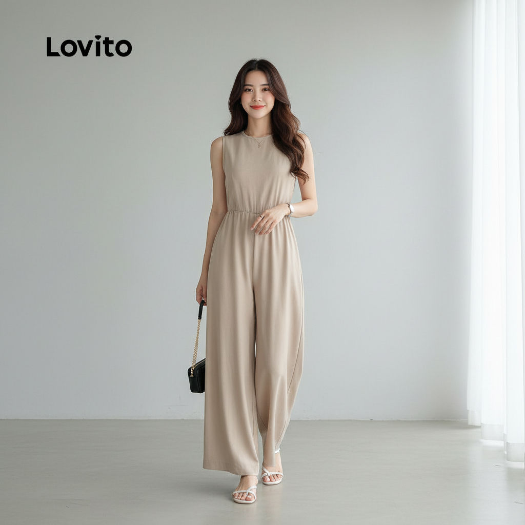 Lovito Macacão Feminino Sem Costas Casual para Primavera e Verão Caqui Claro L155ED1464