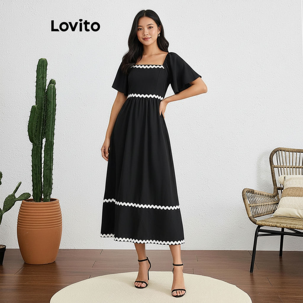 Lovito Refine Vestido Liso Com Babados E Fita Contrastante Para Mulheres LBL19238 em Oferta na Shopee