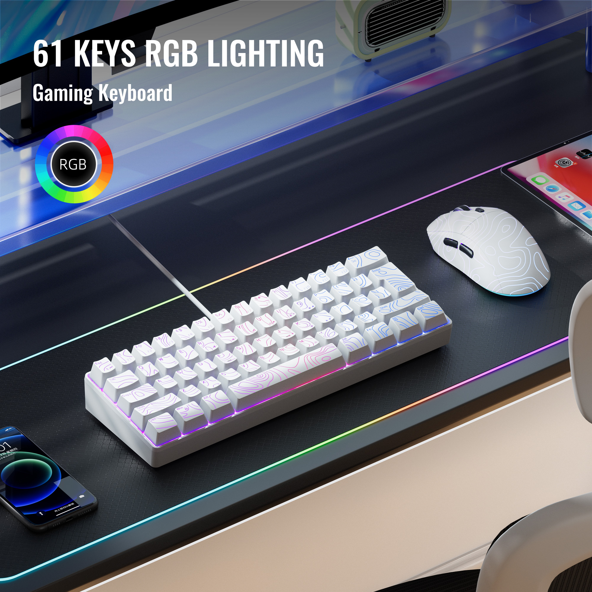 Teclado Mecânico de Jogos com 61 Teclas, Retroiluminação RGB, Compacto com Fio, para PC Gamer e Escritório