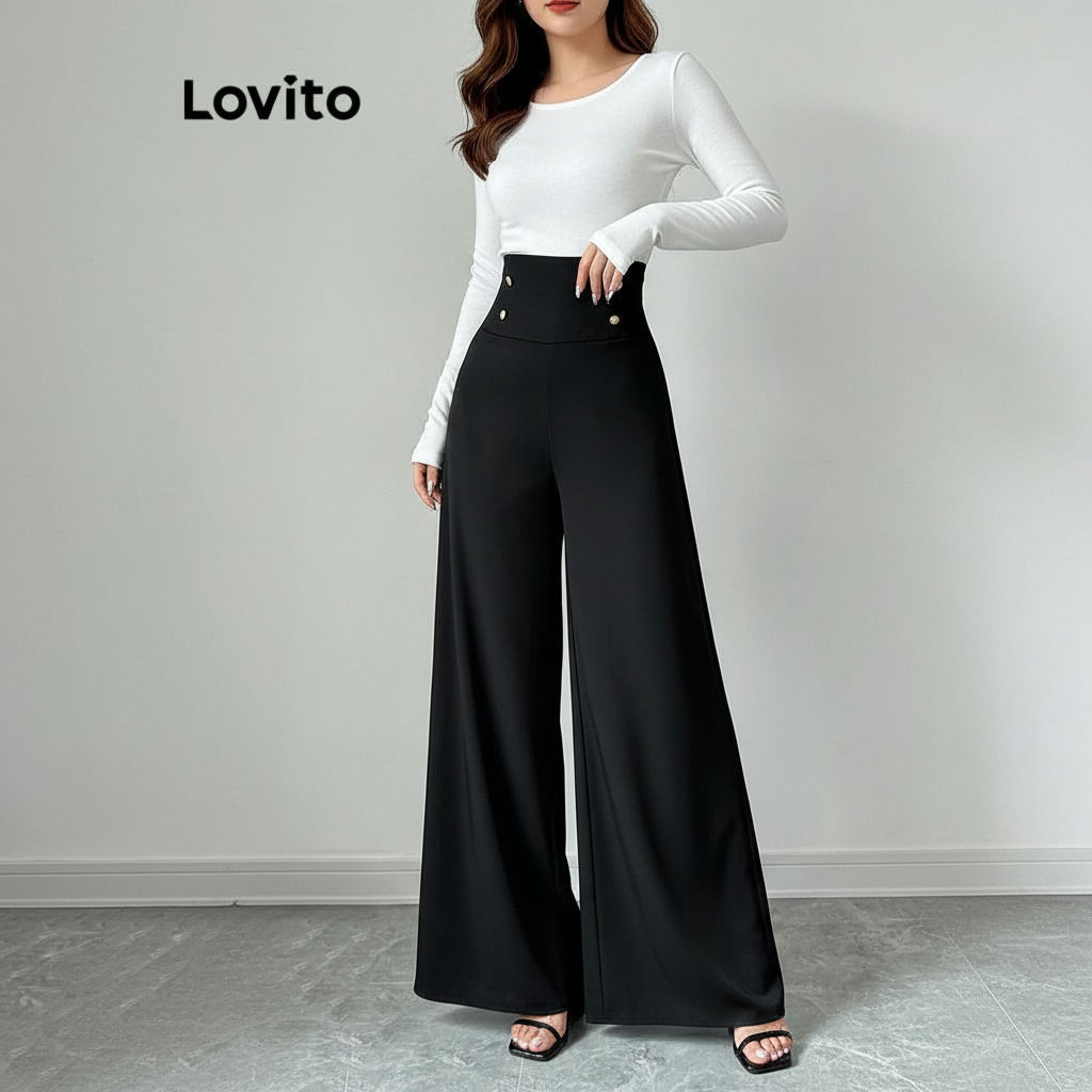 Lovito Calça Feminina Elegante Botão Liso Zíper Verão Primavera L120LD1037 em Oferta na Shopee