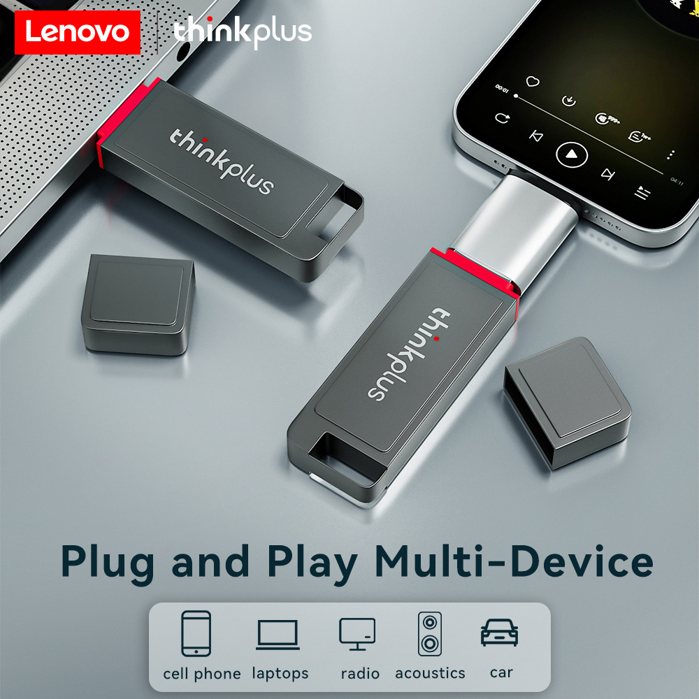Lenovo thinkplus MU243 Pen Drive USB 3.2 de Alta Velocidade com Corpo em Liga de Zinco, Chip S+, Plug & Play para