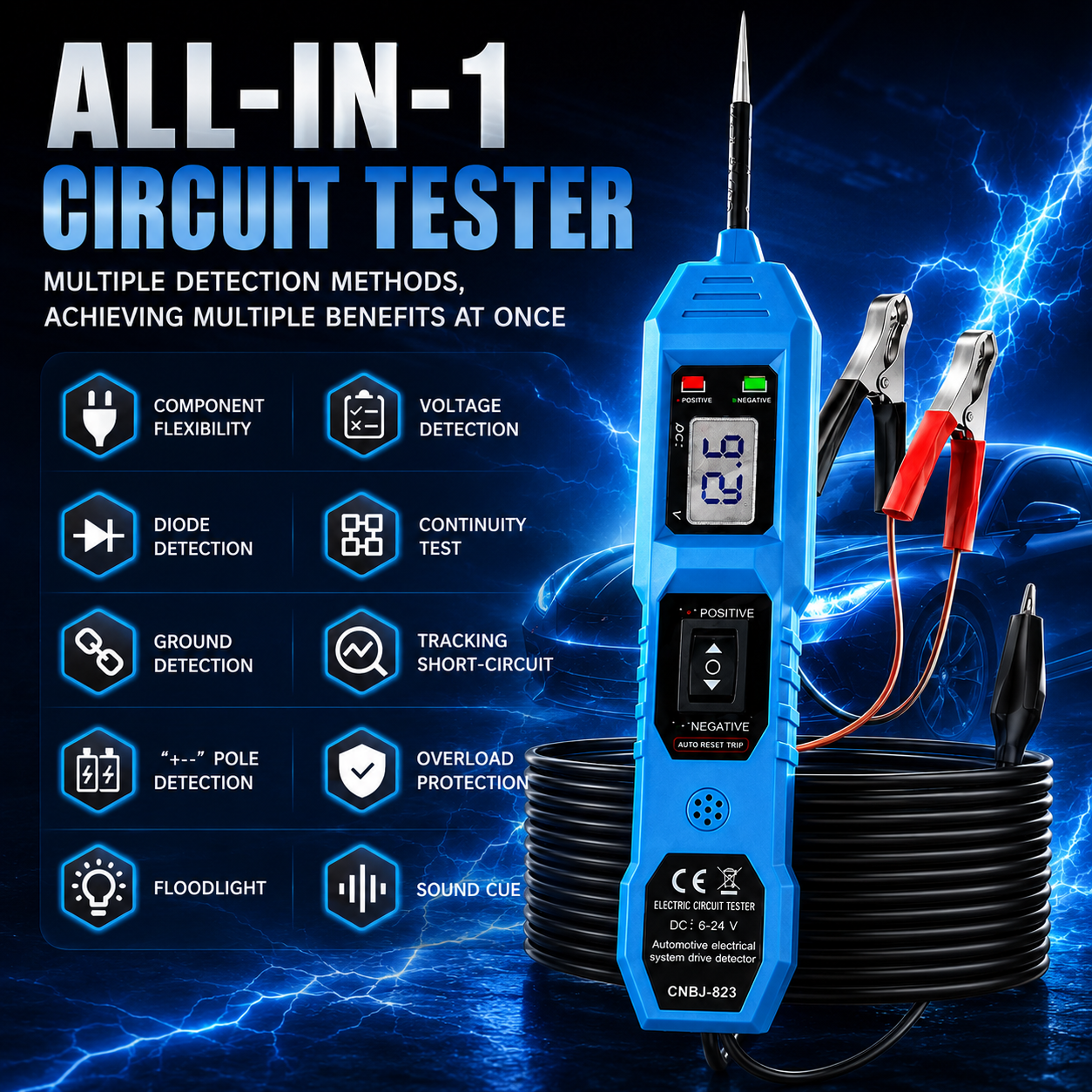 Testador de Circuito para Carros Smart 823 com Display de Tensão em LED Alimentado por USB Compatível com Veículos DC