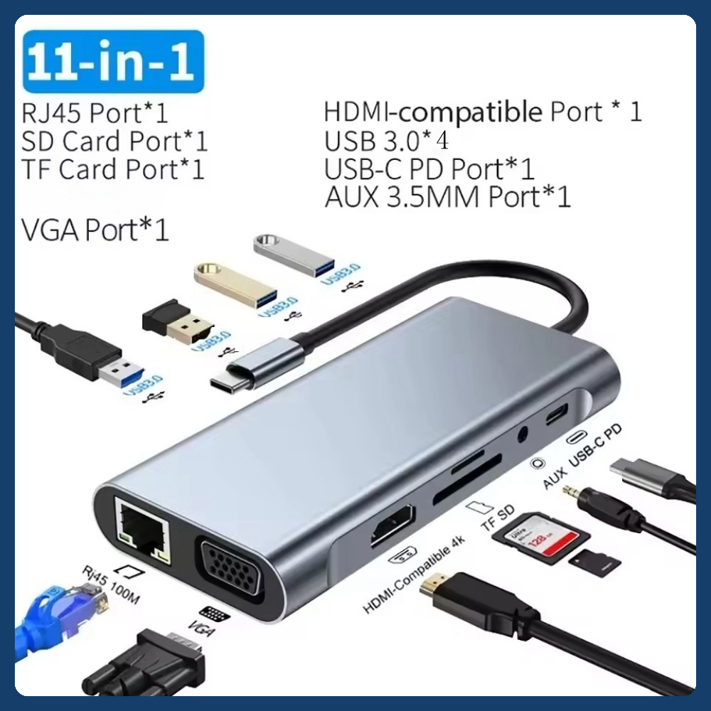 Adaptador Multiterminal 11 Em 1 vga Para Tipo c hub De Porta usb 4K HDMI Conversor Docking Station Divisor MacBook Pro A