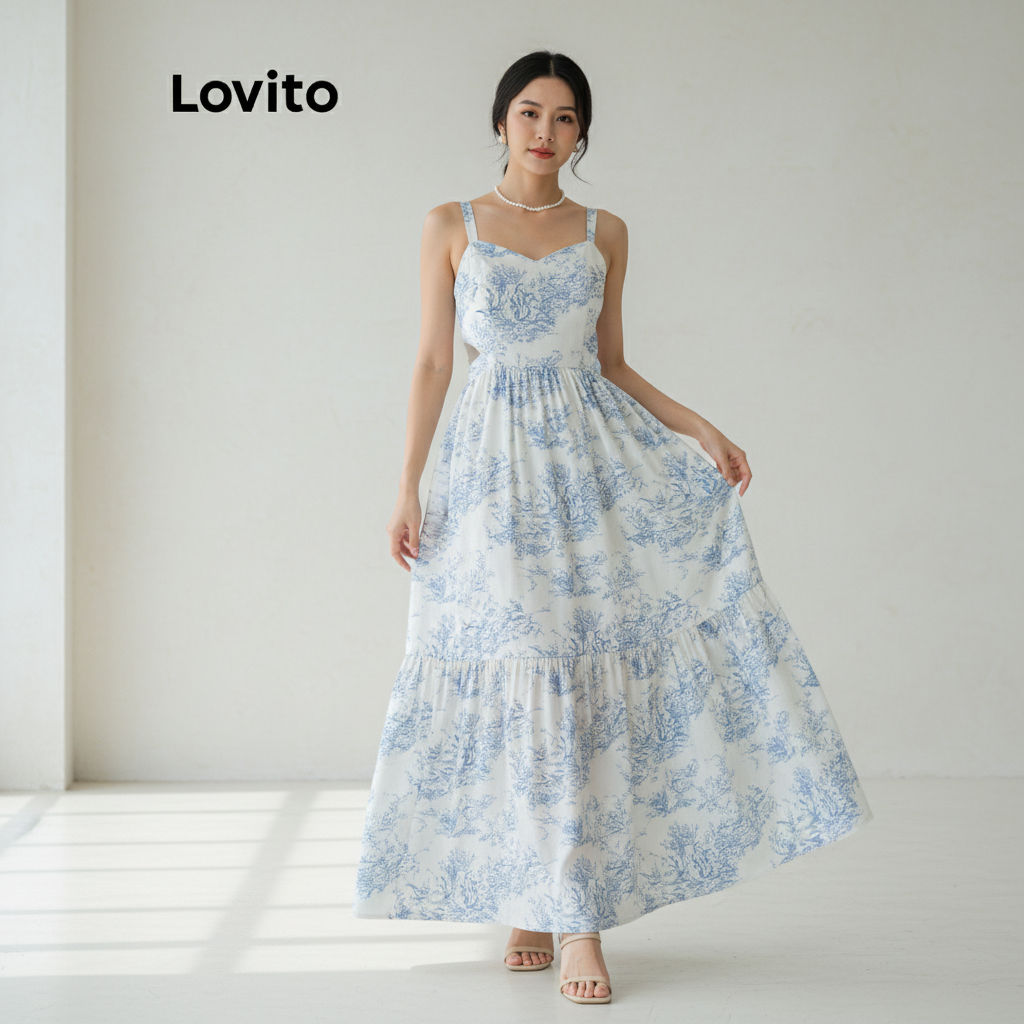 Lovito Refine Vestido Feminino Com Estampa Floral E Laço Nas Costas LNE67273 em Oferta na Shopee