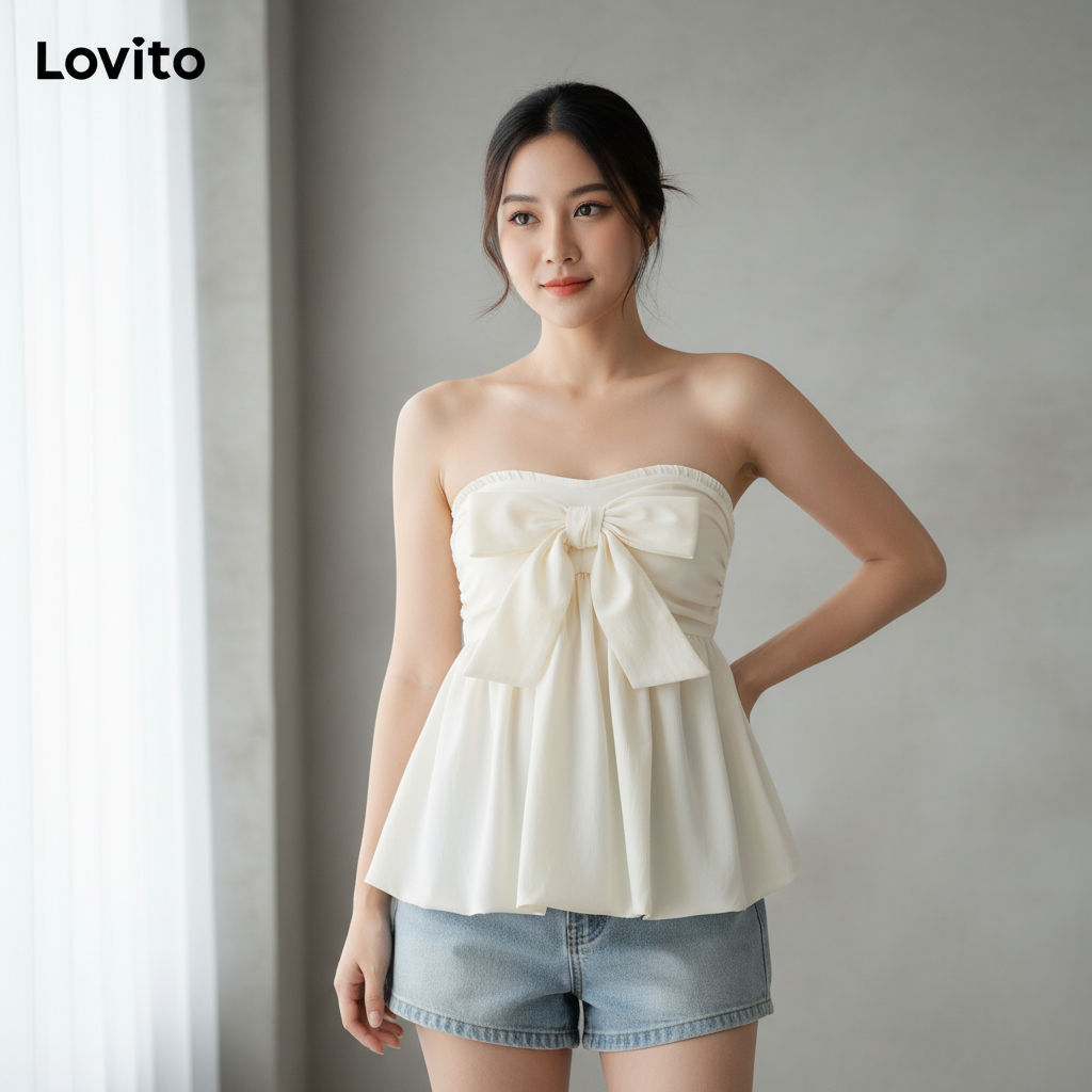 Lovito Regata Casual Feminina Laço Liso LNE69004 em Oferta na Shopee