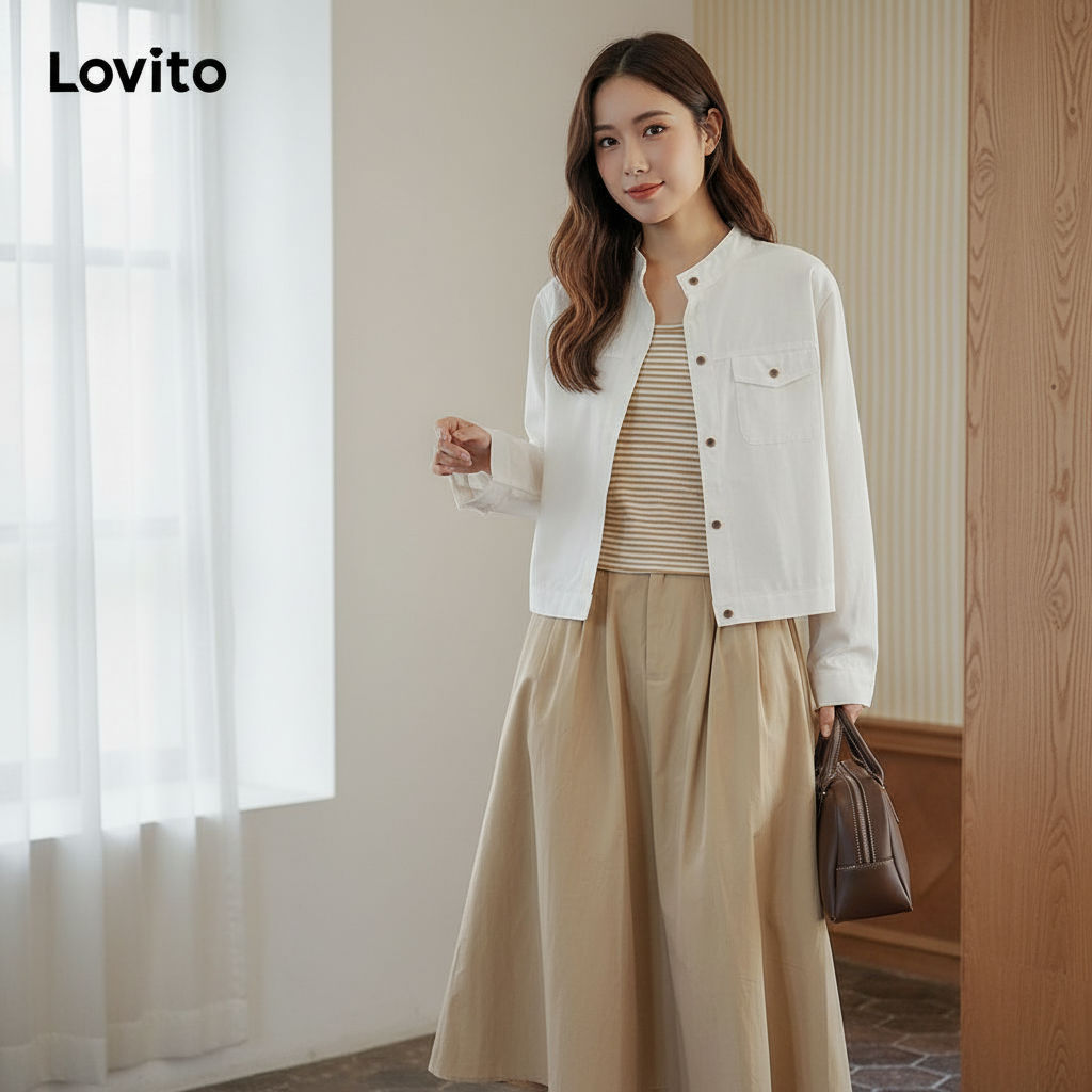 Lovito Blusa Feminina Lisa Plissada com Bolso Casual L73AD085