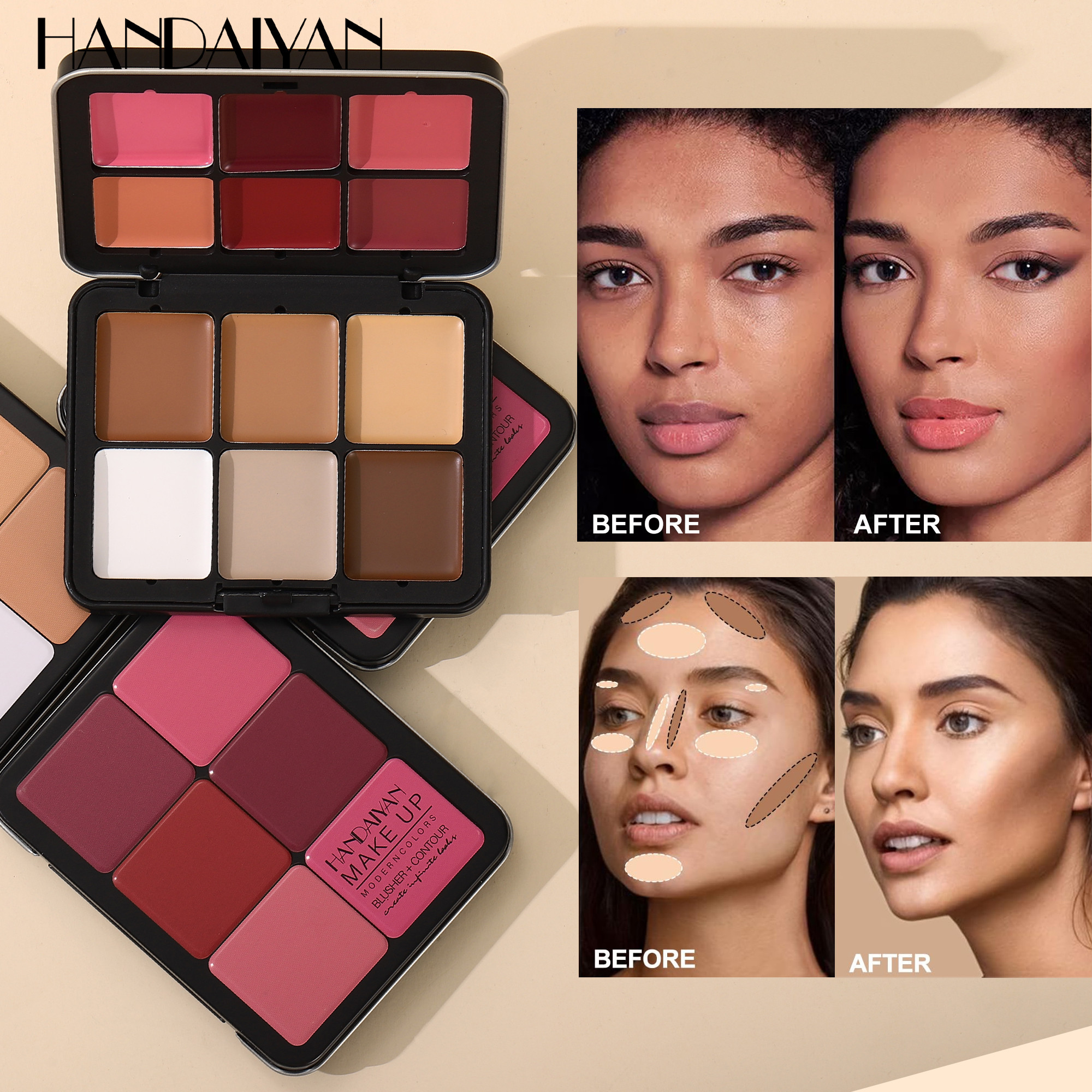 HANDAIYAN Paleta de Maquiagem Facial Multiuso, 12 Cores de Creme Matte para Blush, Contorno, Iluminador e Corretivo,