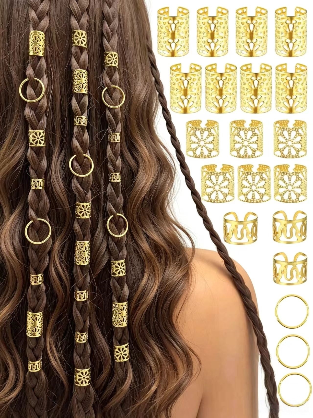 Conjunto De Acessórios De Cabelo Com Trança Oca Dourada , 32 Peças , Anéis E Clipes De Metal Para Diária De Férias