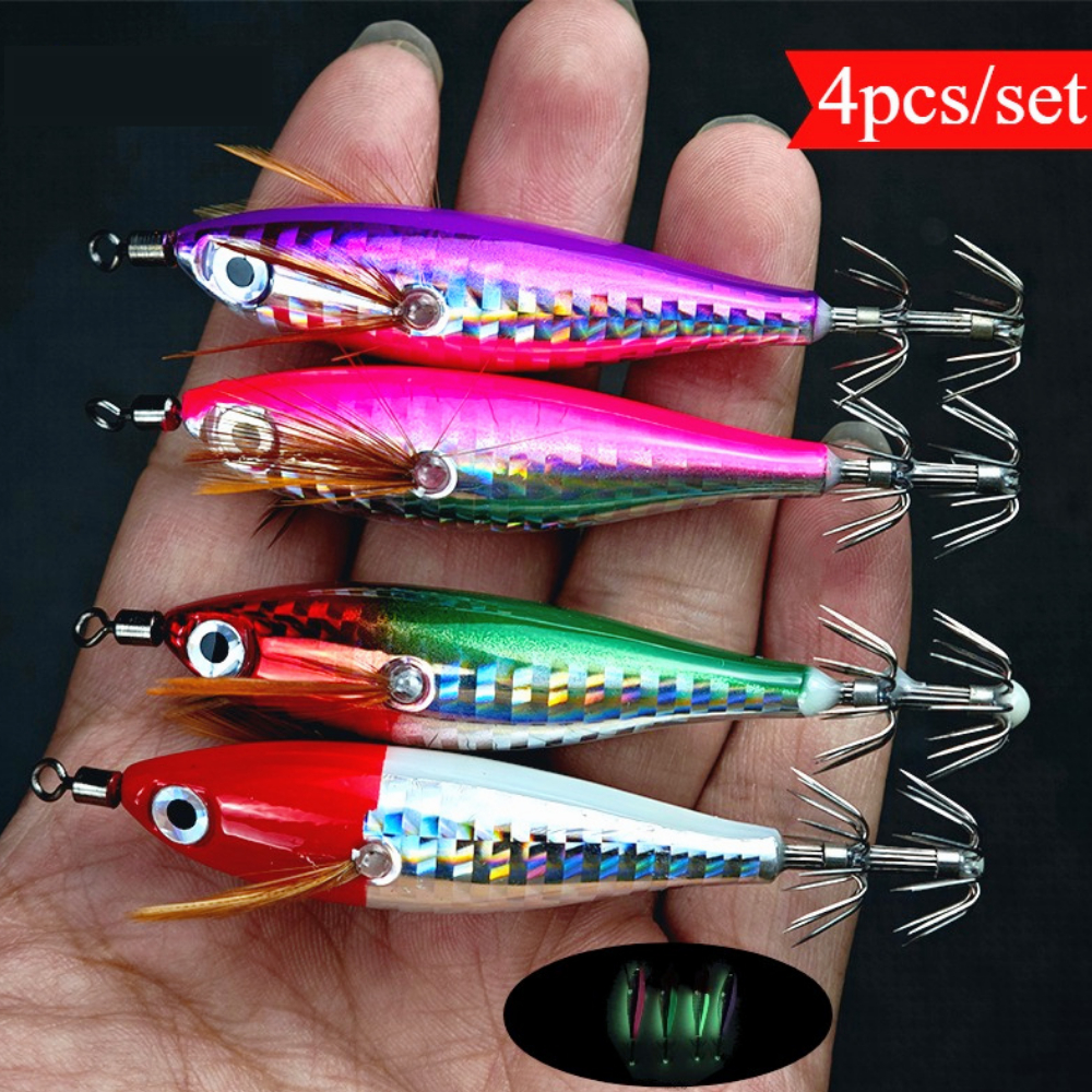 4pcs Luminoso Jig Lula Horizontal Água Salgada Brilho Jig Lula Isca de Camarão Horizontal Anzol Lula Pesca Noturna