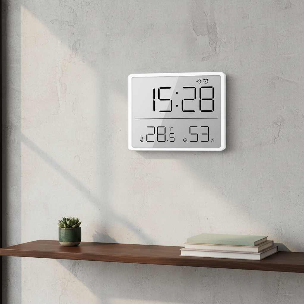Relógio Digital Ultra Fino Montado na Parede com Display LCD Simples e Multifuncional com Temperatura e Umidade