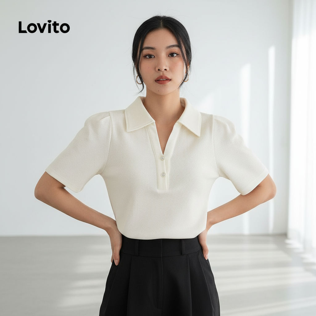 Lovito Camiseta Feminina Polo Gola Clássica Pérolas LBL10131 em Oferta na Shopee