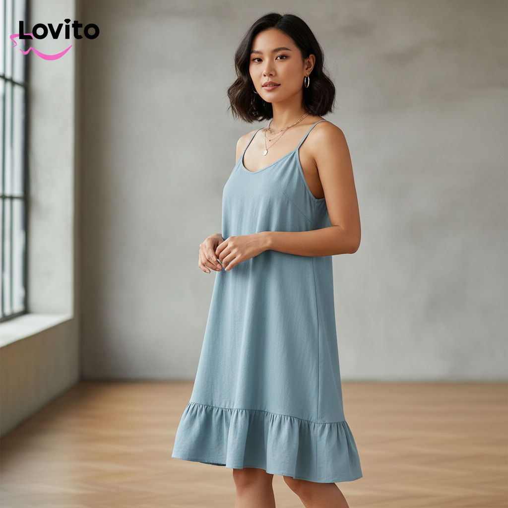 Lovito Vestido Feminino Plus Size Casual com Babados e Modelagem Lisa LBL18844 em Oferta na Shopee
