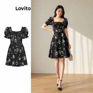 Lovito Vestido Feminino Casual Estampado com Alças e Flores L68ED190 (Preto) em Oferta na Shopee