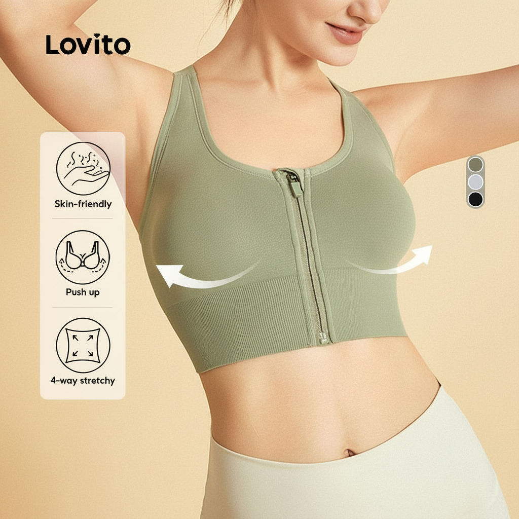 Lovito Sutiã Esportivo com Suporte Elevado para Exercícios Sem Costura e Absorção de Suor Zíper Frontal L34AD001 em Oferta na Shopee