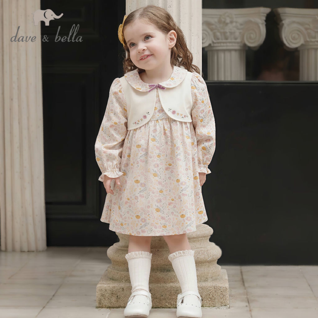 Vestido de menina Dave Bella para bebê doce outono, estampa floral, vestido longo de manga falsa de duas peças, festa,