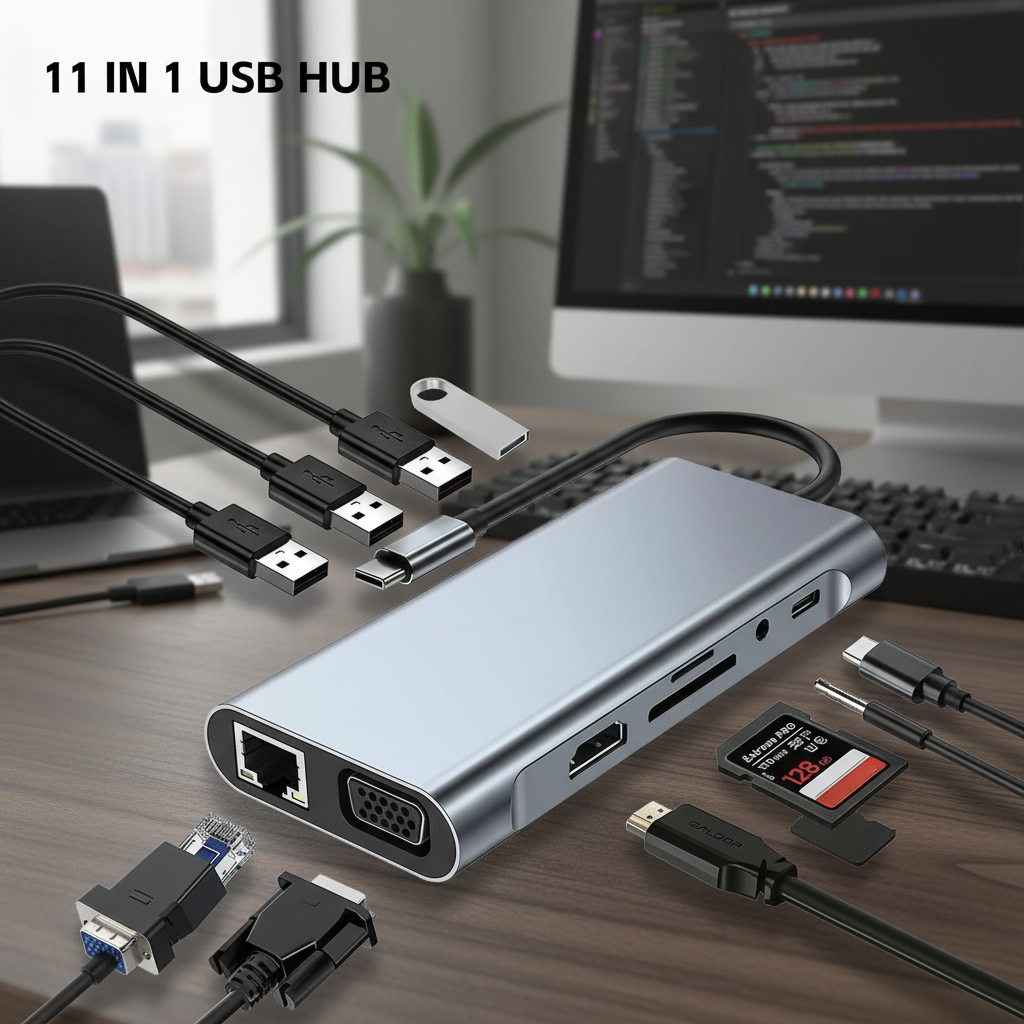 Adaptador Hub 11-em-1 Tipo C com HDMI 4K, VGA, PD, USB 3.0, Ethernet RJ45, Leitor de Cartão TF, SD e Auxiliar 3.5mm