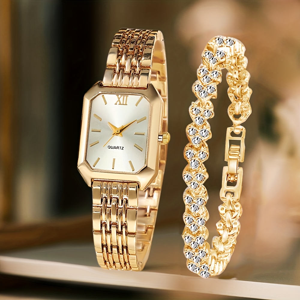 2 Pçs Feminino Retângulo Relógio De Quartzo Pulseira Conjunto Strass Moda Jóias Presente Elegante