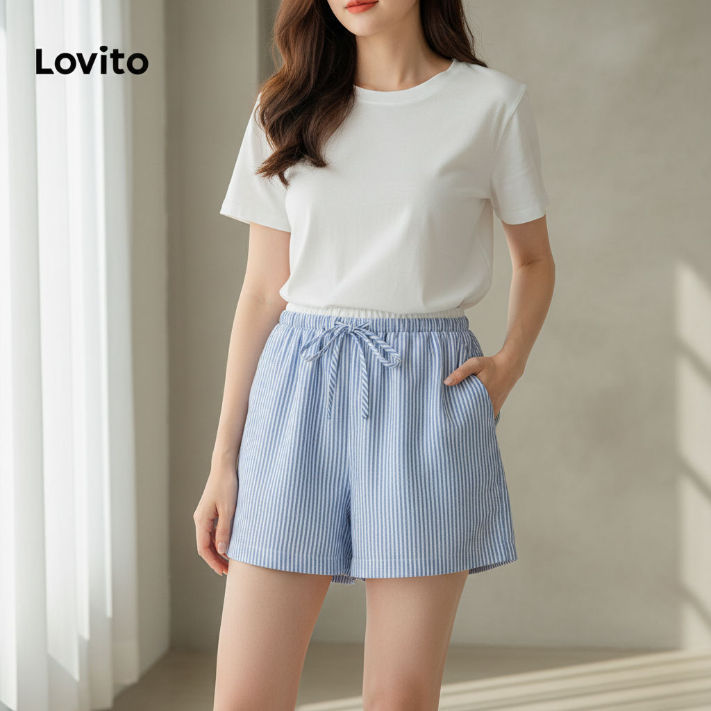 Lovito Shorts Femininos Tecido Listrado Costura Refinada LBL19096 em Oferta na Shopee