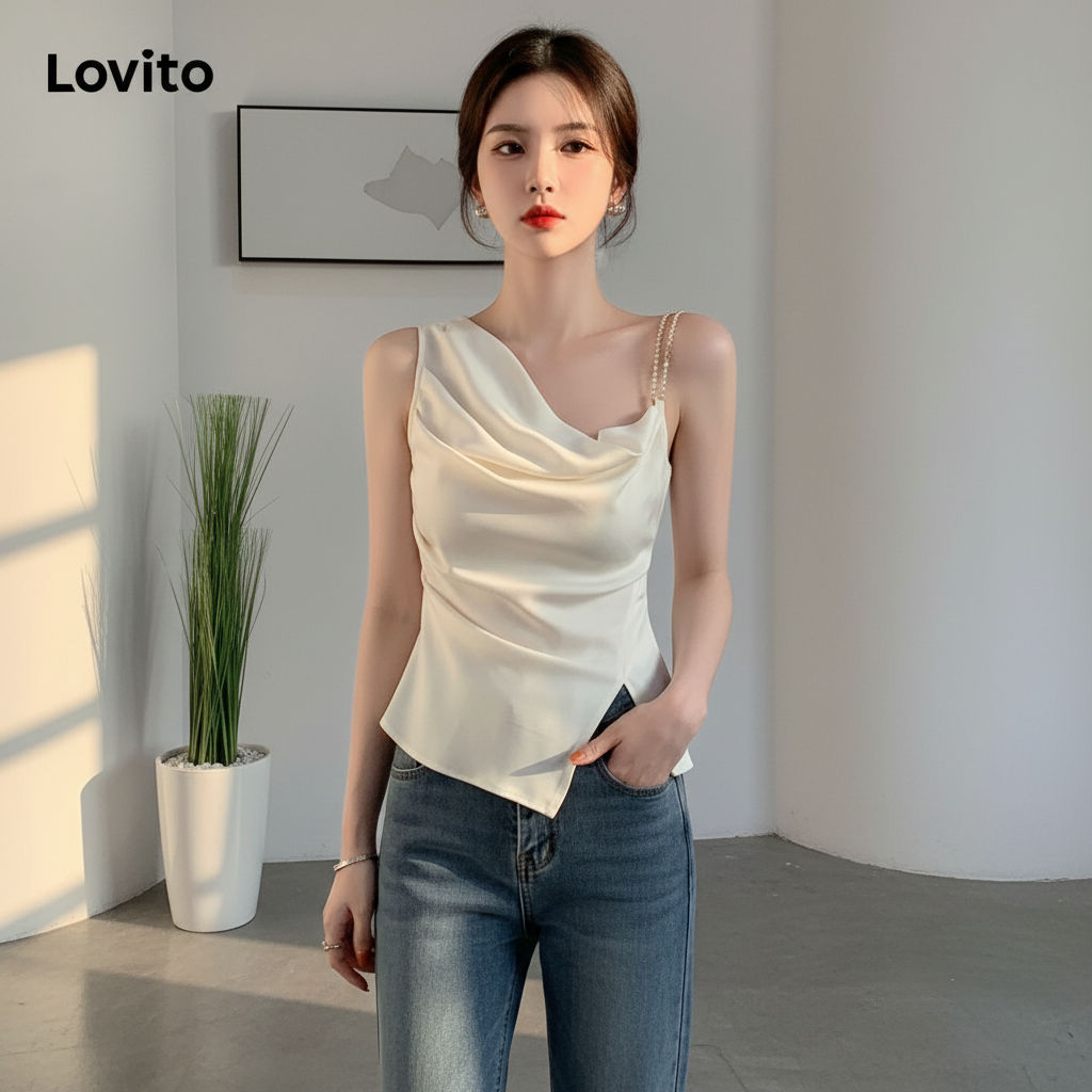Lovito Regata Feminina Assimétrica Lisa Casual Dividida LNE49341 em Oferta na Shopee