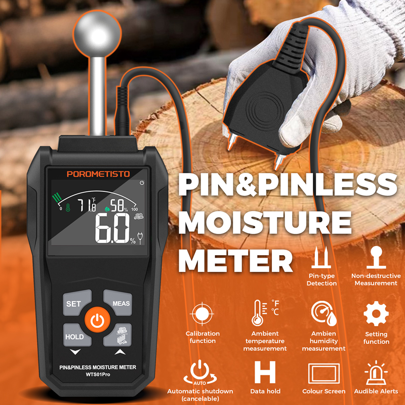 Analisador de Umidade de Duplo Sensor: Testador Combinado de Pino/Sem Pino para Madeira, Drywall e Mais | Faixa de
