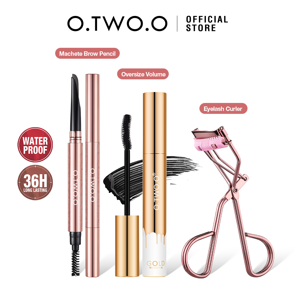 Conjunto de Maquiagem para Olhos O.TWO.O 3 Peças, Lápis para Sobrancelha, Máscara de Volume e Curvador de Cílios,