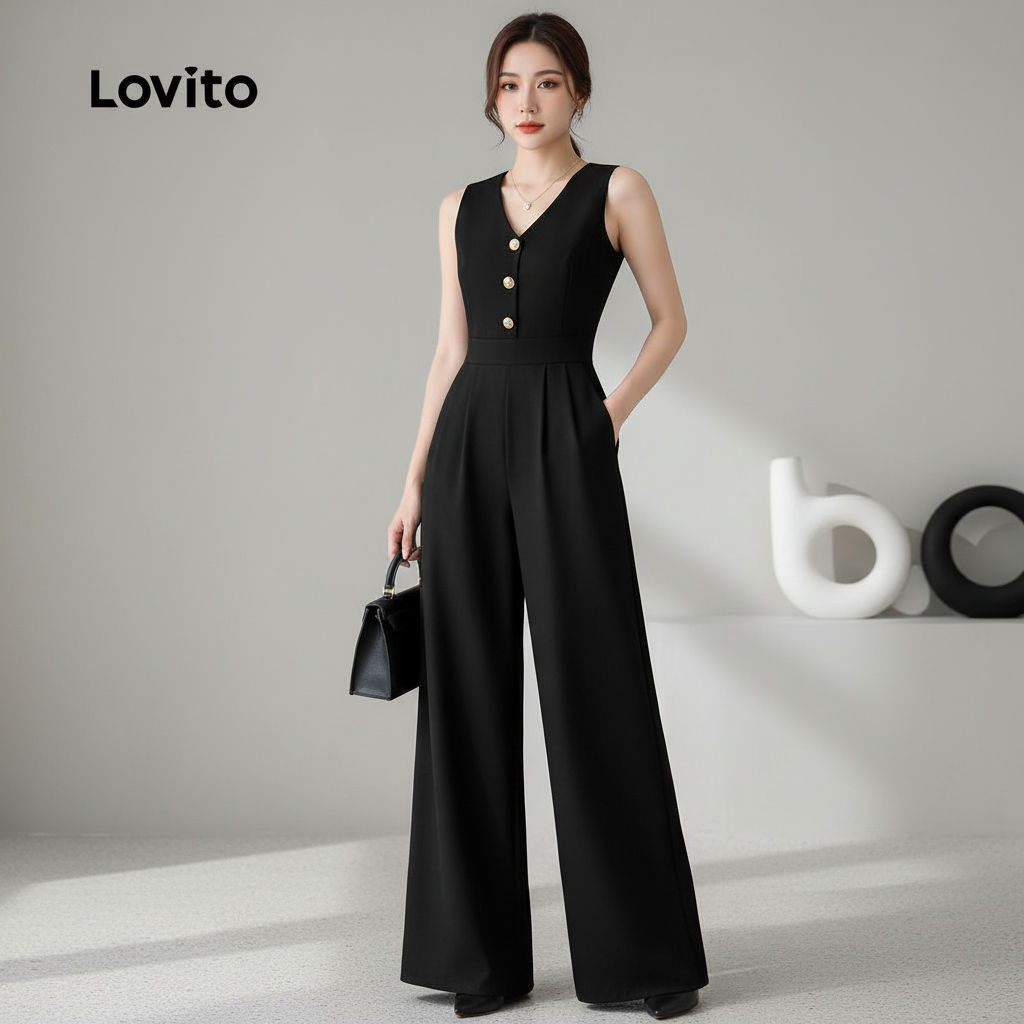 Lovito Macacão Feminino Casual Botões Zíper Bolsos Verão Primavera Preto L134ED117 em Oferta na Shopee