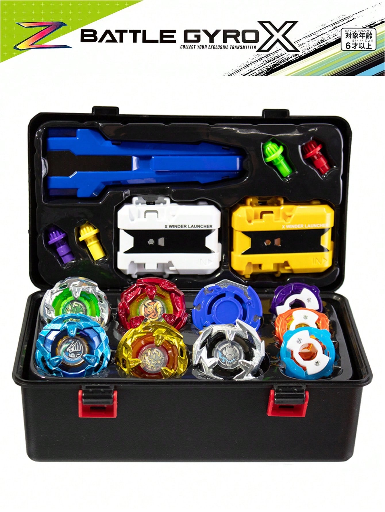 Conjunto de presente BX Series Deluxe: 6 piões BX Series, 1 alça, 2 lançadores, acessórios de cores aleatórias + caixa