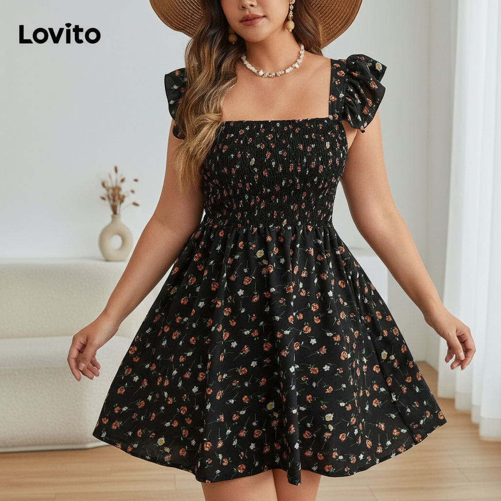 Lovito Refine Vestido Plus Size Curvas Elegante Floral Delicado Estampado Smocked Feminino LBL18614 em Oferta na Shopee