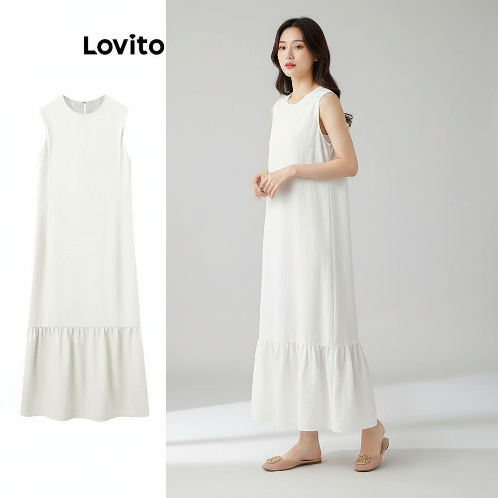 Lovito Vestido Feminino Casual Com Babados Na Barra, Modelo Verão/Primavera LNE66494 em Oferta na Shopee