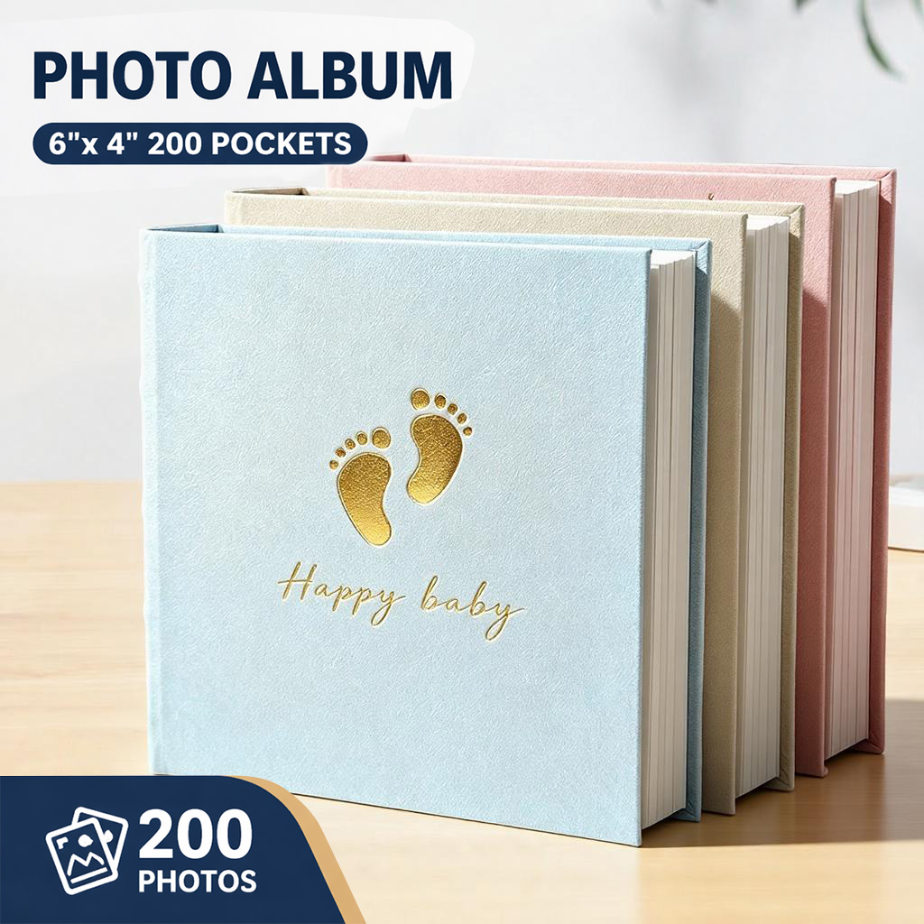 Álbum de fotos com acabamento dourado em tecido felpudo, comporta 200 fotos 6 polegadas, disponível em tons pastel, com