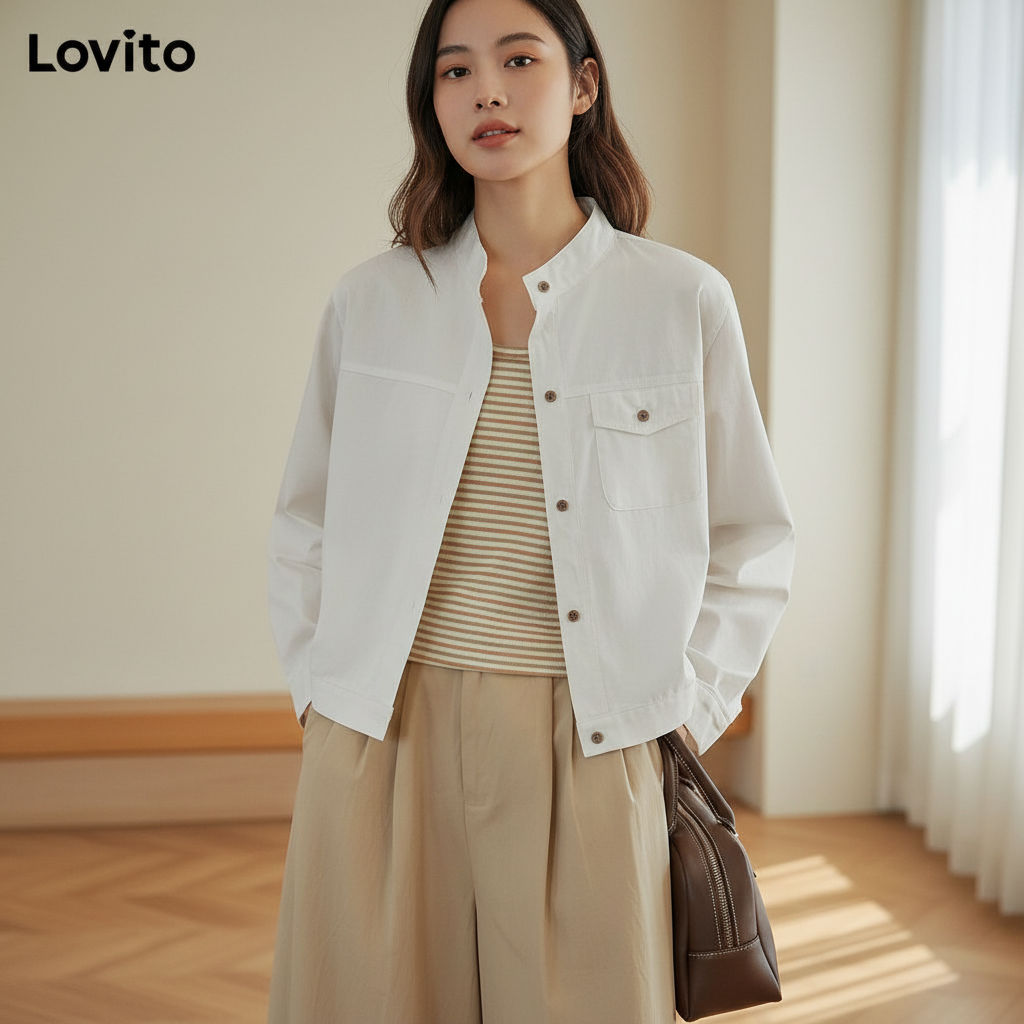 Lovito Blusa Feminina Lisa Plissada com Bolso Casual L73AD085 em Oferta na Shopee